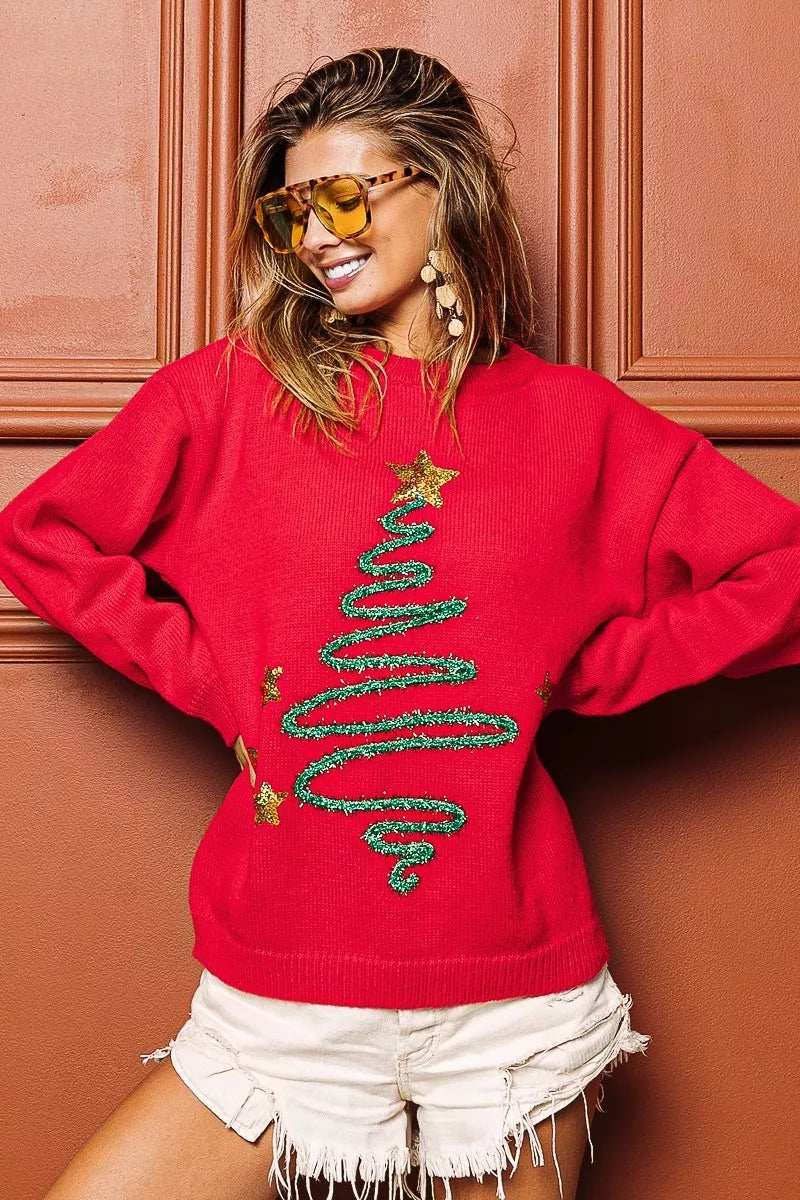 BiBi Sequin Star Tinsel Christmas Sweater - Trendsi - Flyclothing LLC