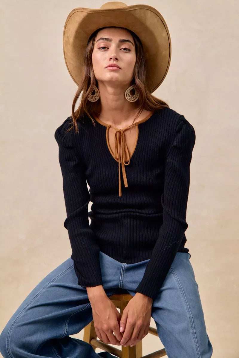 BiBi Ribbed Contrast Front Tied Top with Shrried - Trendsi - Flyclothing LLC