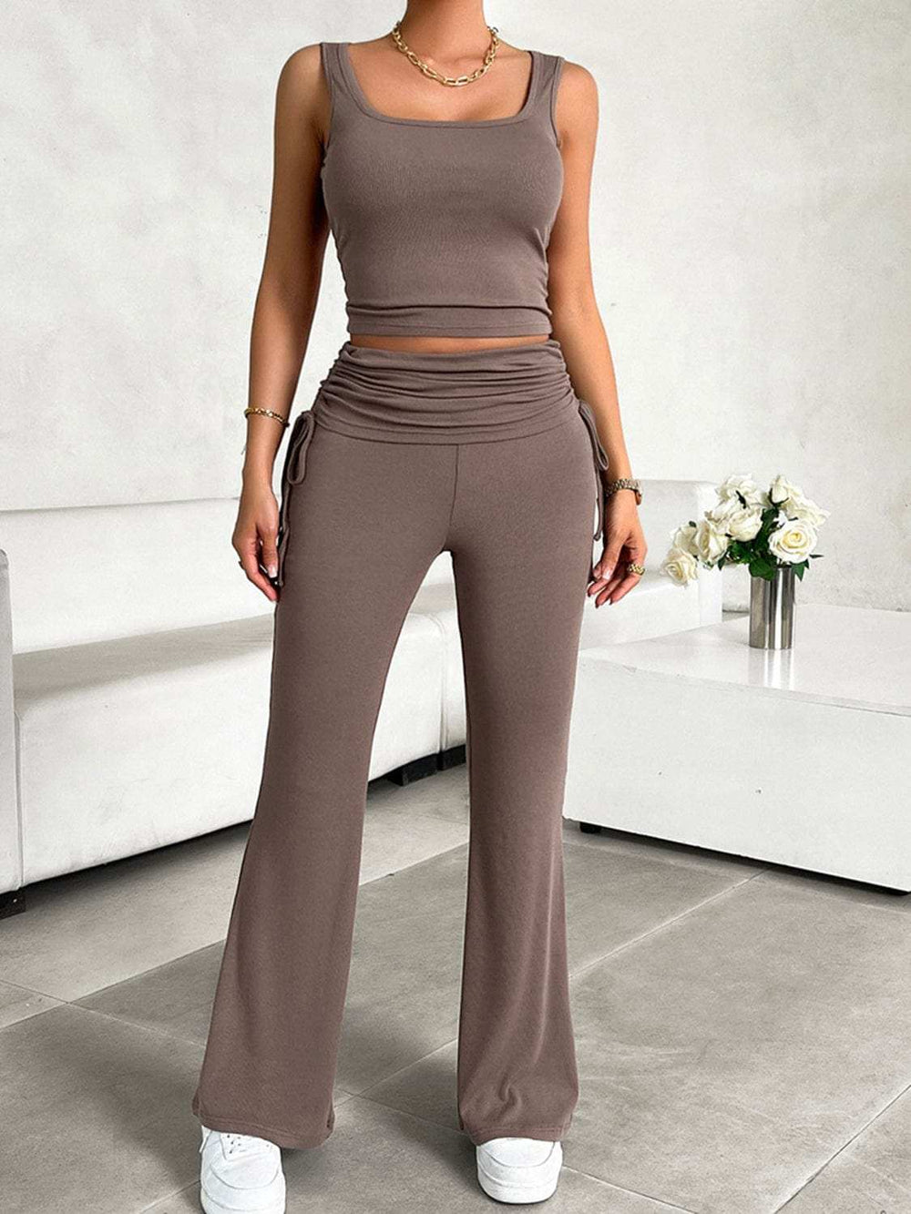 Square Neck Tank and Drawstring Pants Set - Trendsi - Flyclothing LLC