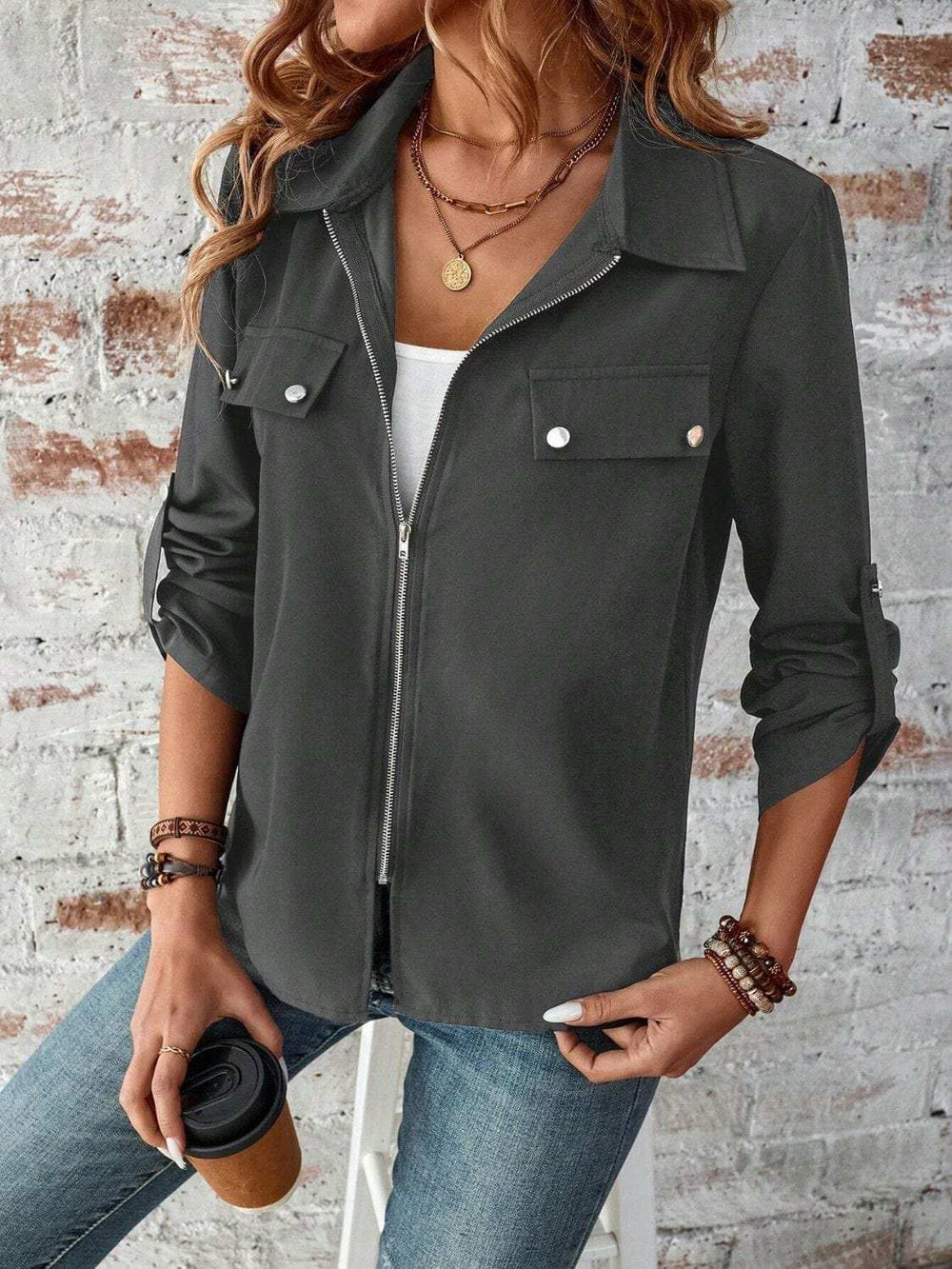 Zip Up Collared Neck Roll-Tab Sleeve Jacket - Trendsi - Flyclothing LLC