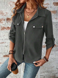 Zip Up Collared Neck Roll-Tab Sleeve Jacket - Trendsi - Flyclothing LLC