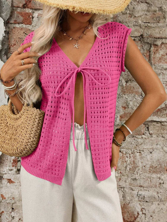 Tied Front Openwork V-Neck Knit Top - Trendsi - Flyclothing LLC