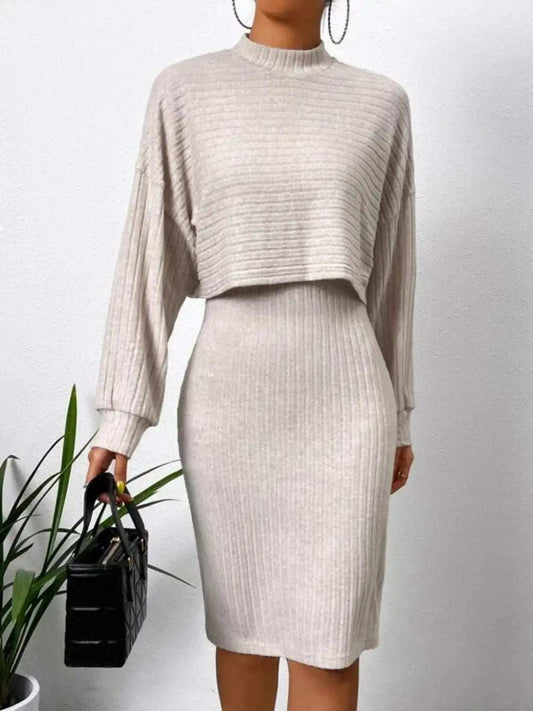 Mock Neck Long Sleeve Top and Wide Strap Dress Set - Trendsi - Flyclothing LLC