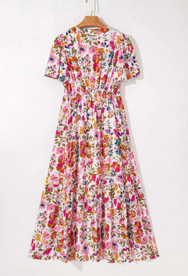 Floral Short Sleeve V Neck Dress with Pockets - Trendsi - Flyclothing LLC