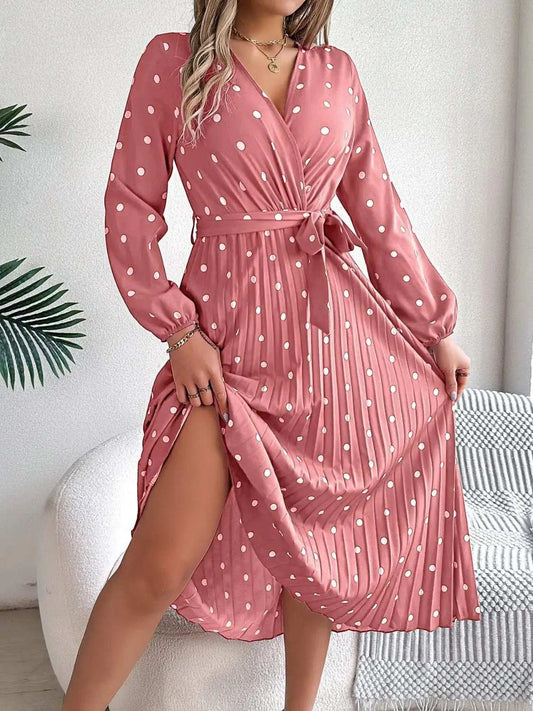Tied Polka Dot Long Sleeve Midi Dress - Trendsi - Flyclothing LLC