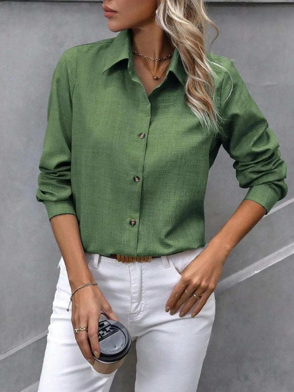 Button Up Collared Neck Long Sleeve Shirt - Trendsi - Flyclothing LLC