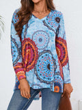 Geometric Printed V-Neck Long Sleeve T-Shirt - Trendsi - Flyclothing LLC