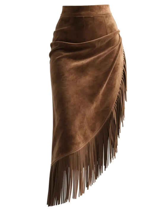 Full Size Suede Fringe Asymmetric Skirt Plus Size - Trendsi - Flyclothing LLC