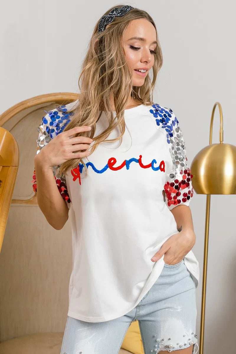 BiBi America Letter Applique Spangle Puff Sleeves Top - Trendsi - Flyclothing LLC