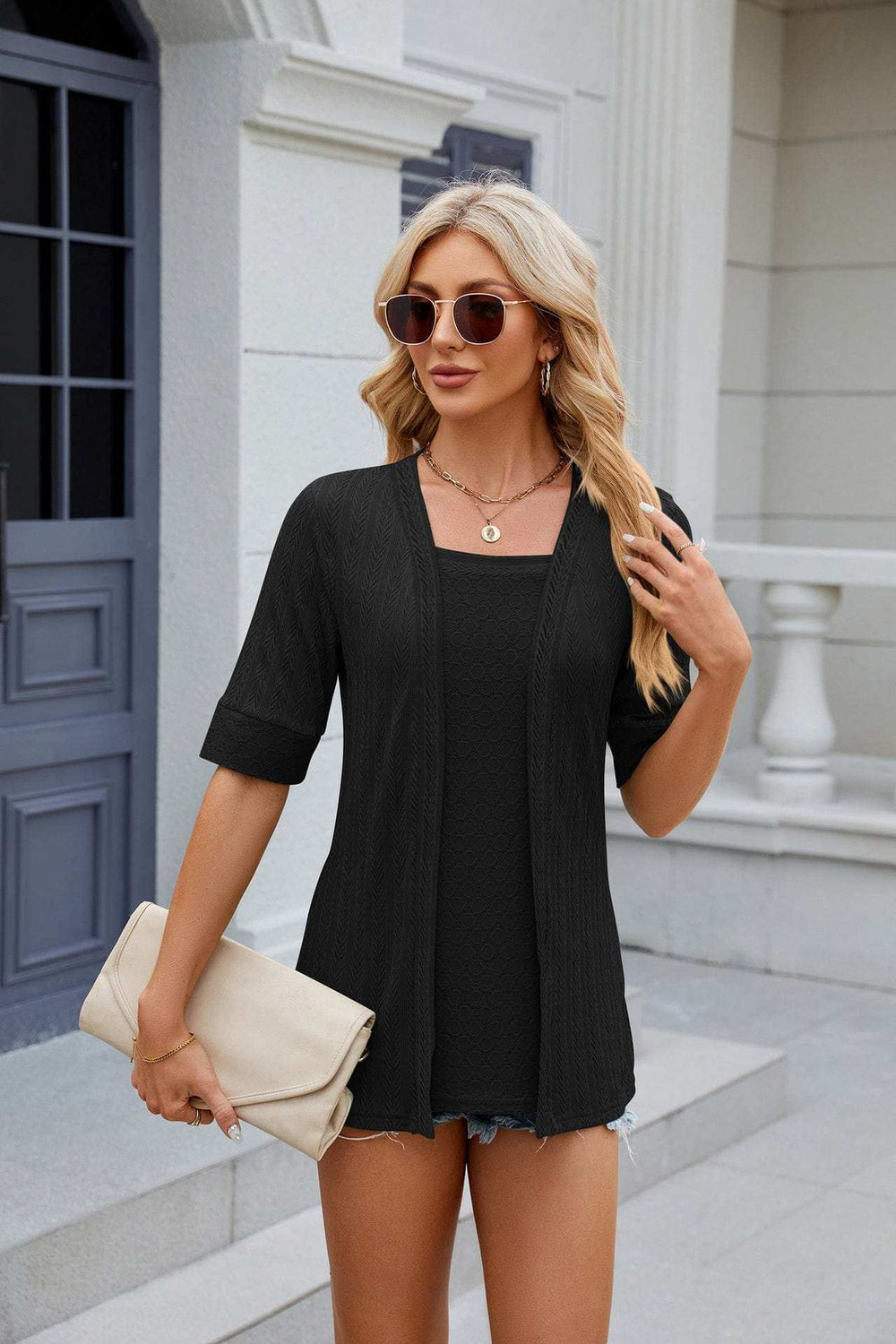 Texture Square Neck Short Sleeve Blouse - Trendsi - Flyclothing LLC