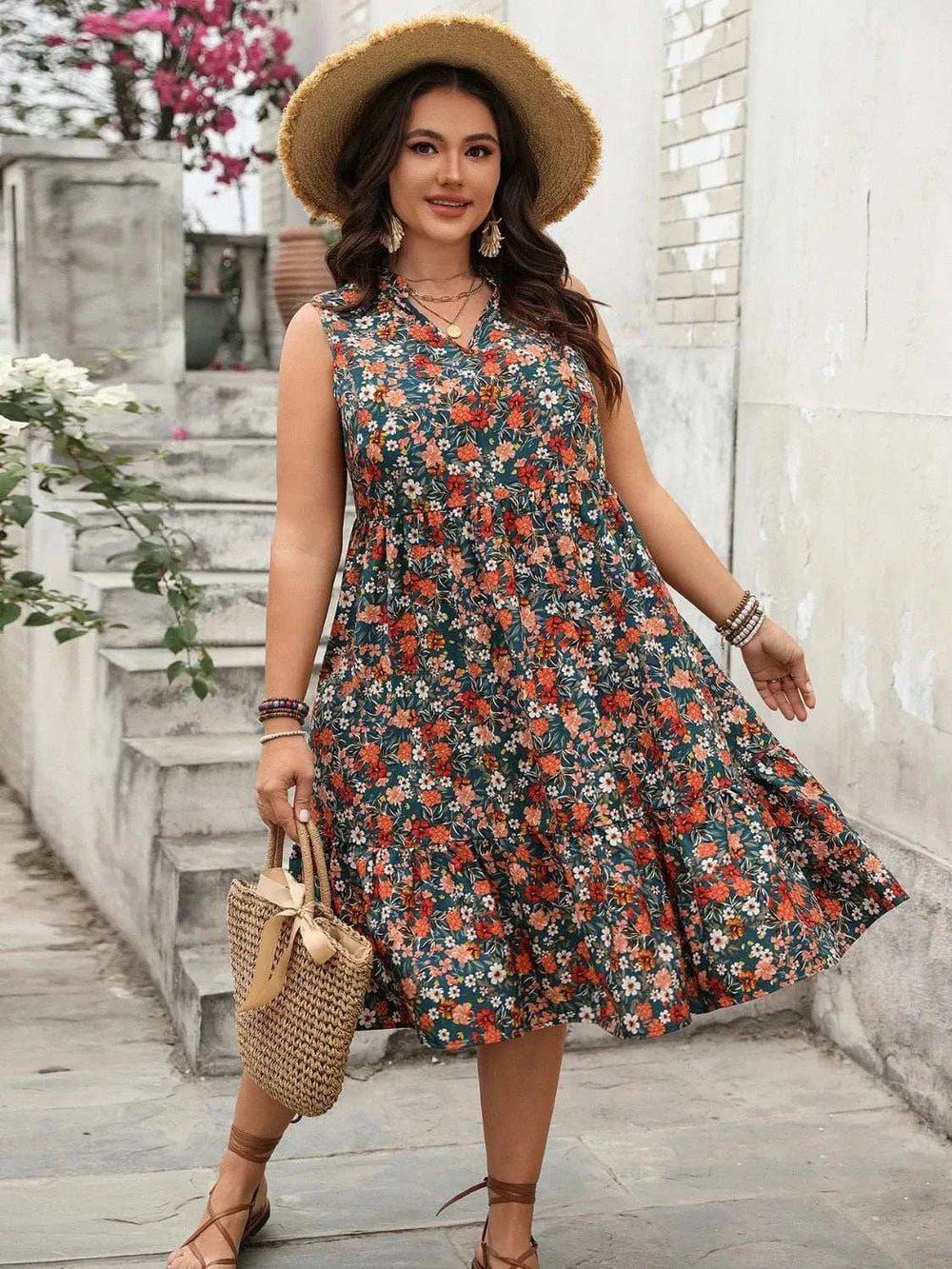 Plus Size Floral Notched Sleeveless Dress - Trendsi - Flyclothing LLC