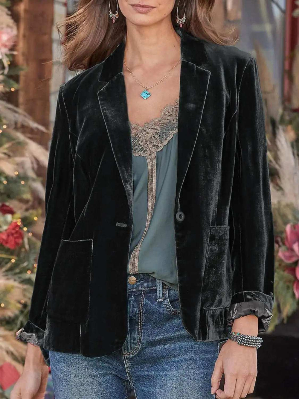 Pocketed Button Up Lapel Collar Blazer - Trendsi - Flyclothing LLC