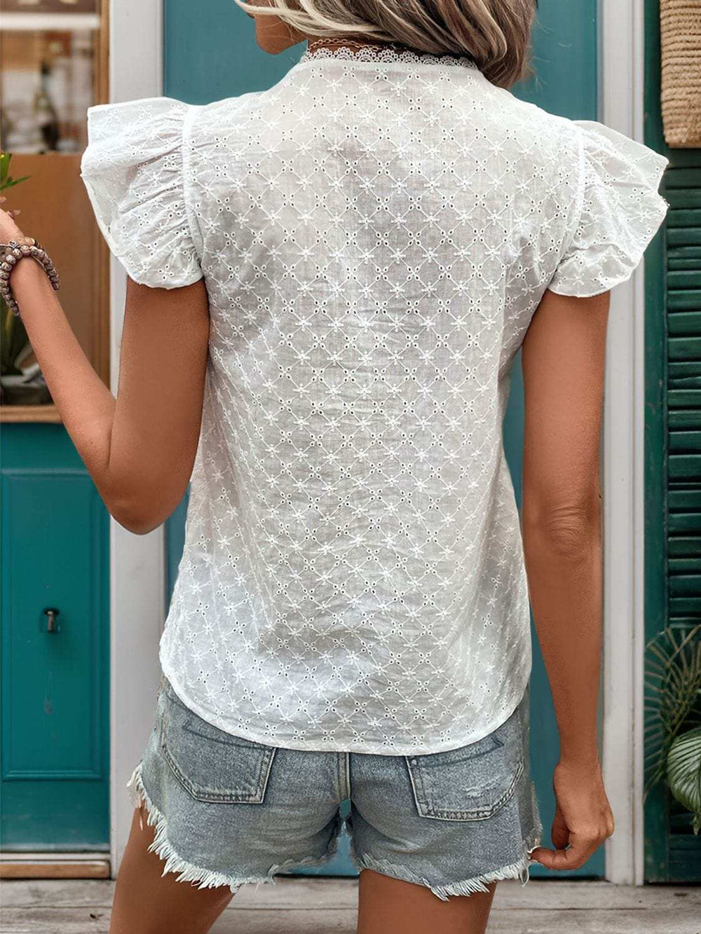 Lace Detail Eyelet Ruffle Cap Sleeve Blouse - Trendsi - Flyclothing LLC