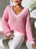 Contrast Trim V-Neck Long Sleeve Sweater - Trendsi - Flyclothing LLC