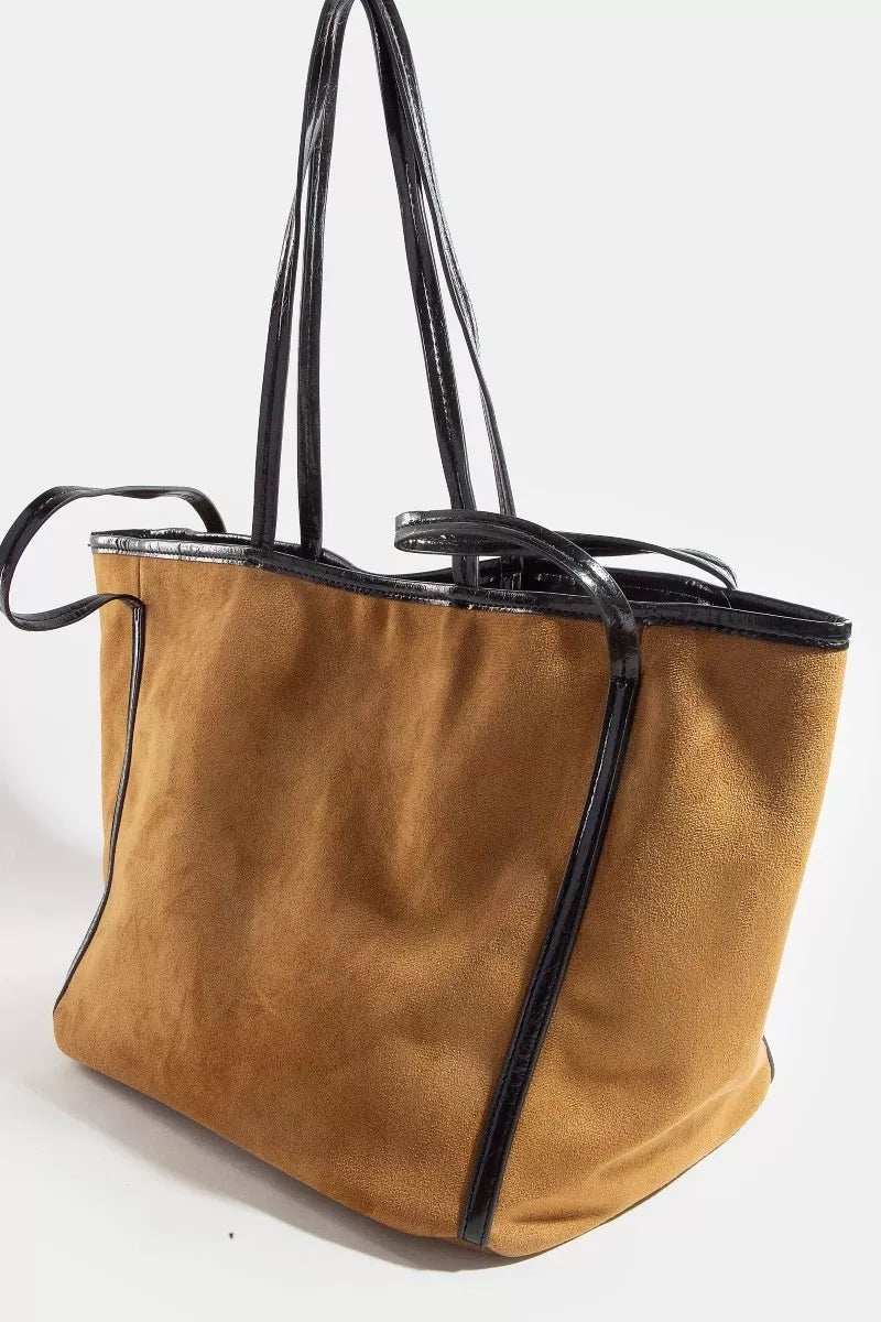 Fame Suede Tote Faux Leather Trim Shoulder Strap - Trendsi - Flyclothing LLC