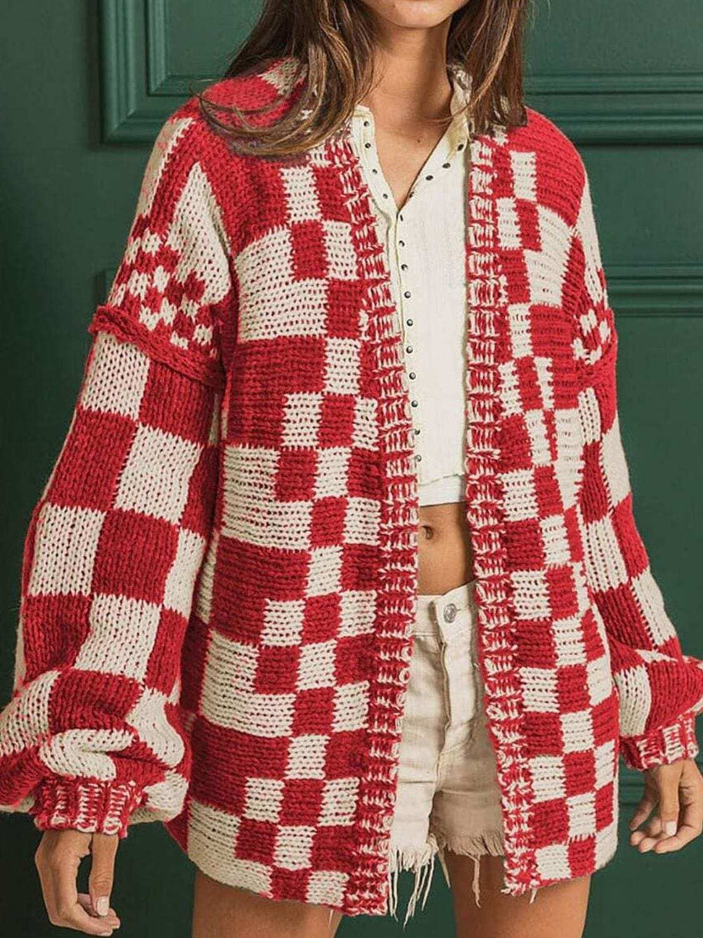 Checkered Open Front Long Sleeve Cardigan - Trendsi - Flyclothing LLC