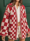 Checkered Open Front Long Sleeve Cardigan - Trendsi - Flyclothing LLC
