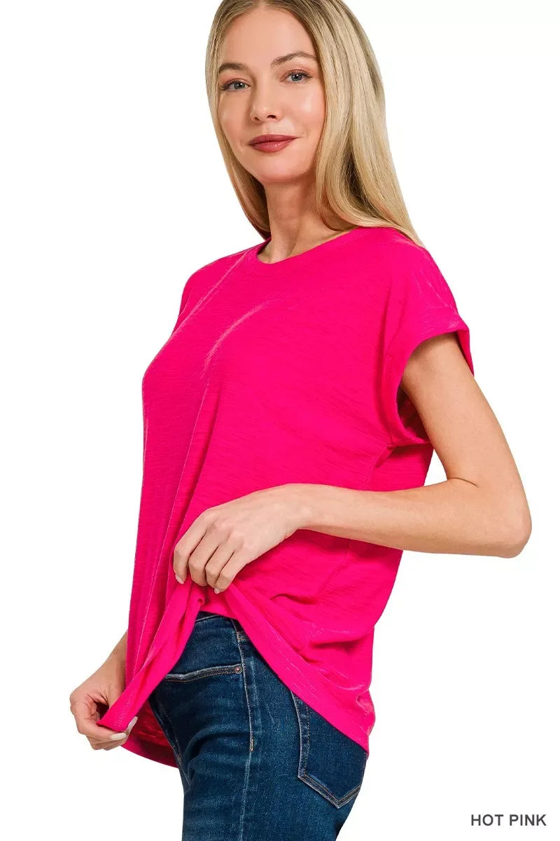 Zenana Slub Cuffed Sleeve Tee - Trendsi - Flyclothing LLC