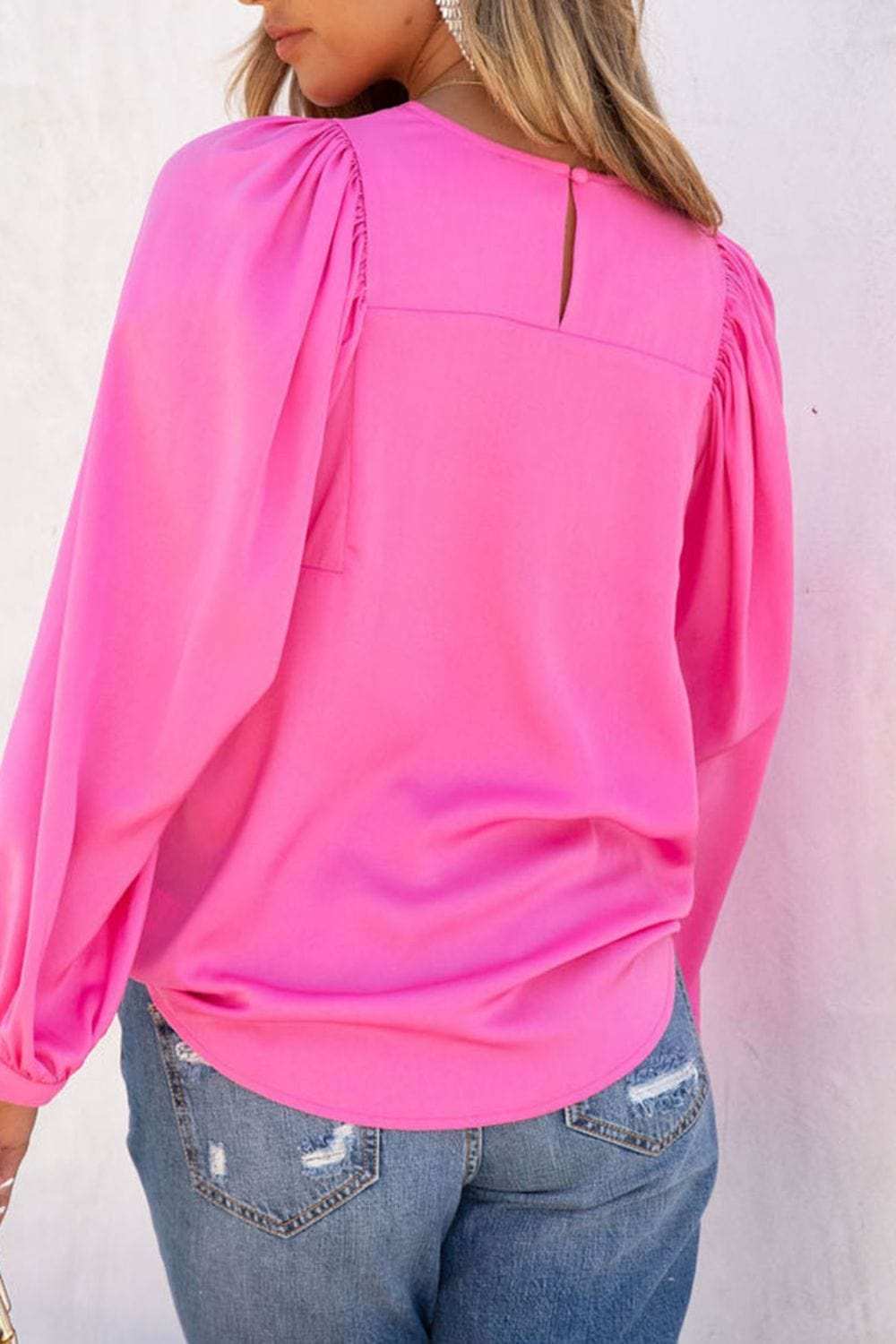 Round Neck Long Sleeve Blouse - Trendsi - Flyclothing LLC