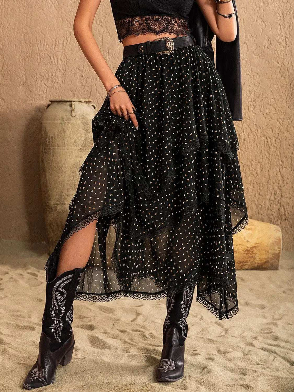 Lace Detail Layered Midi Skirt - Trendsi - Flyclothing LLC