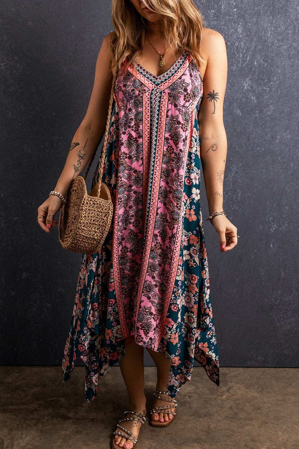 Printed V-Neck Midi Cami Dress - Trendsi - Flyclothing LLC