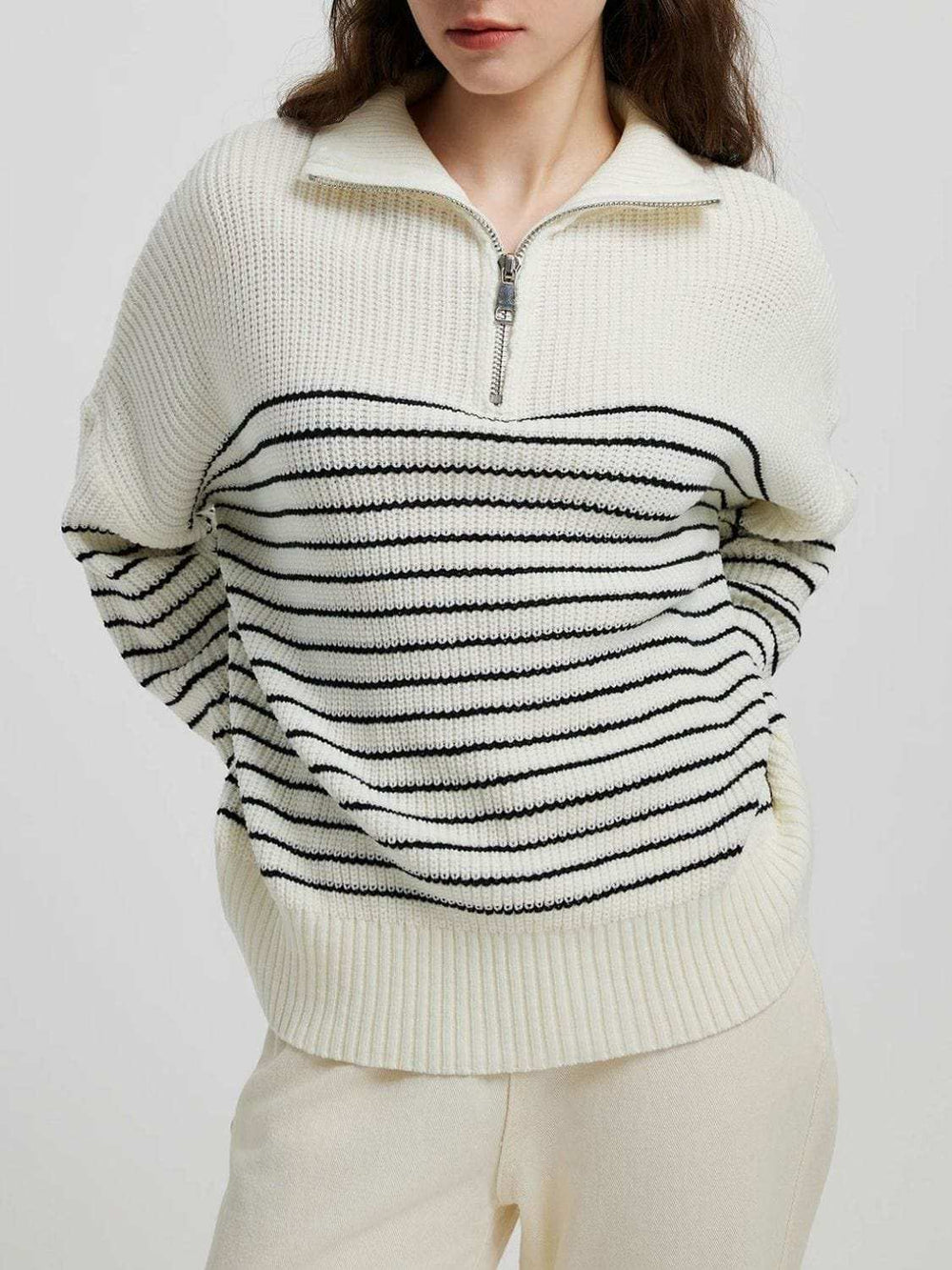 Striped Half Zip Long Sleeve Sweater - Trendsi - Flyclothing LLC