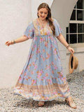 Plus Size Printed Tie Neck Flutter Sleeve Maxi Dress - Trendsi - Flyclothing LLC