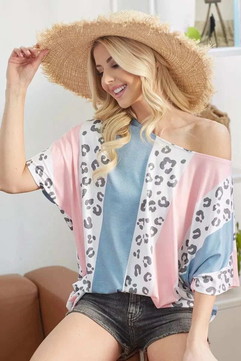 BiBi Leopard Stripe Printed French Terry Oversized Top - Trendsi - Flyclothing LLC