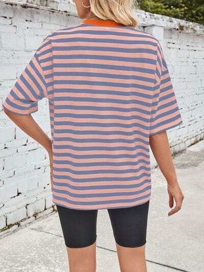 Lovelet Striped Round Neck Half Sleeve T-Shirt - Trendsi - Flyclothing LLC