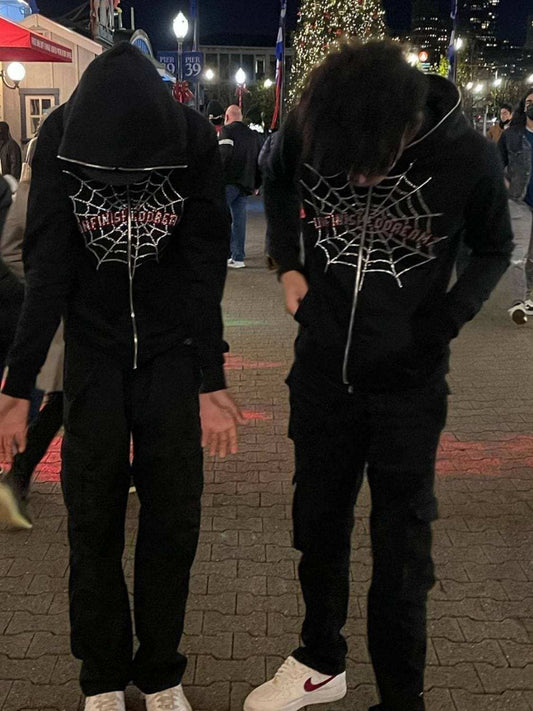 Men's Spider Web Rhinestones Zip-Up Hoodie - Trendsi - Flyclothing LLC