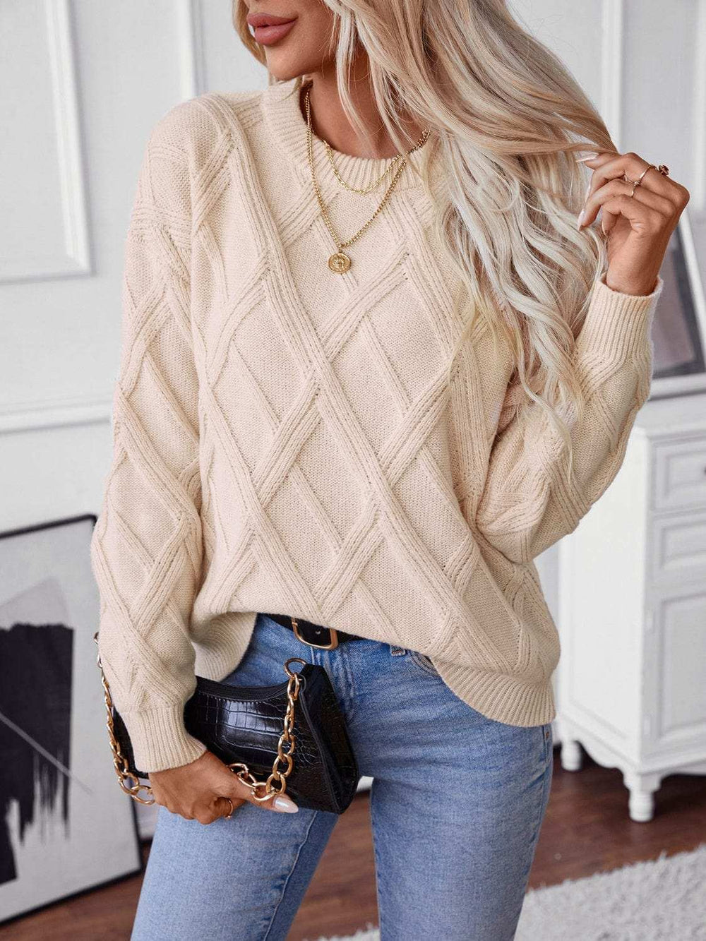 Geometric Round Neck Long Sleeve Sweater - Trendsi - Flyclothing LLC
