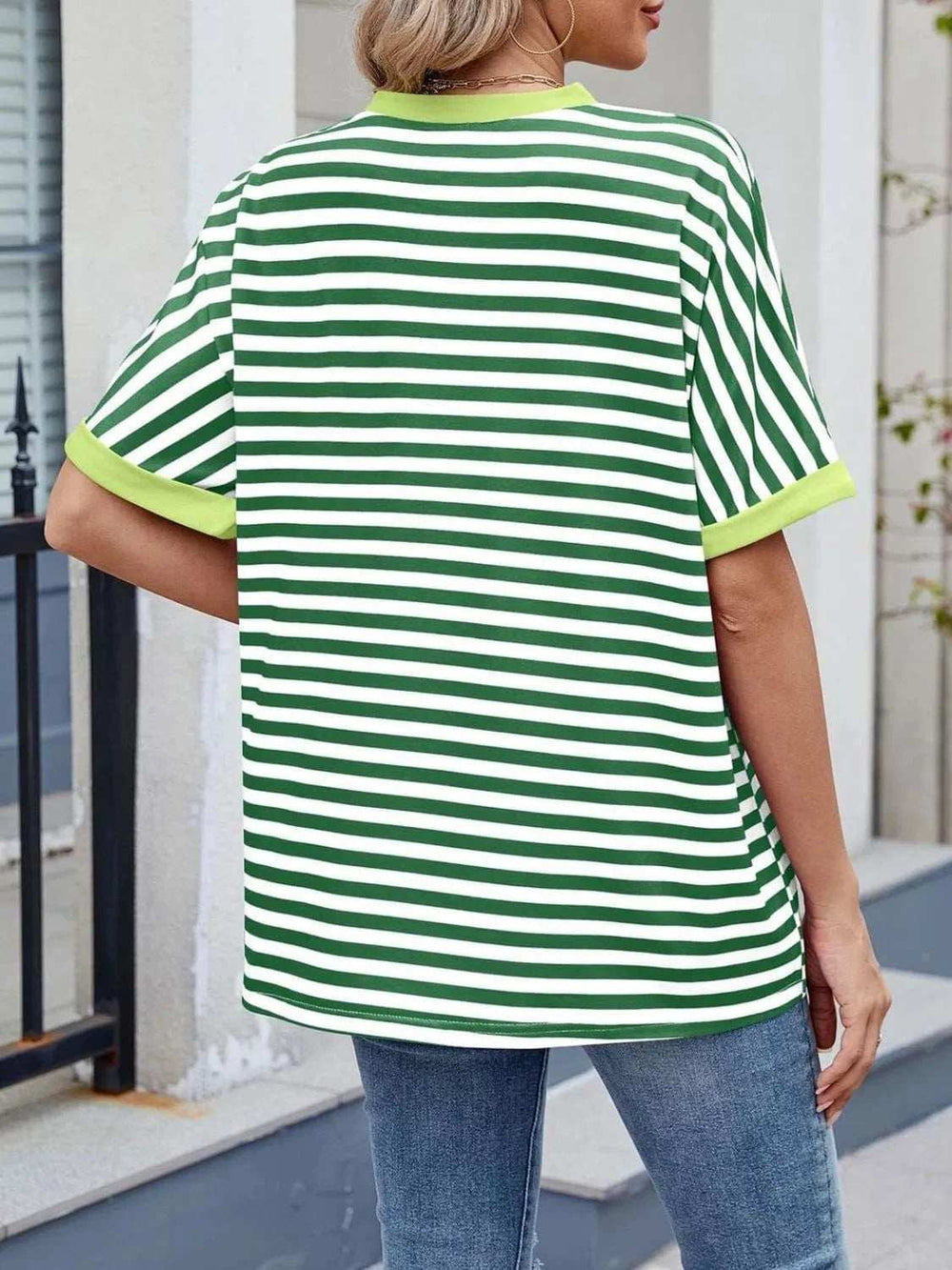 Striped Round Neck Half Sleeve T-Shirt - Trendsi - Flyclothing LLC