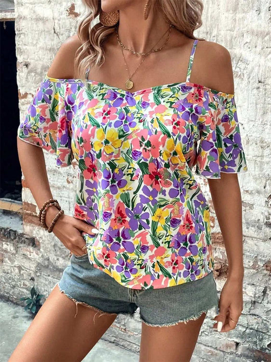 Floral Half Sleeve Blouse - Trendsi - Flyclothing LLC