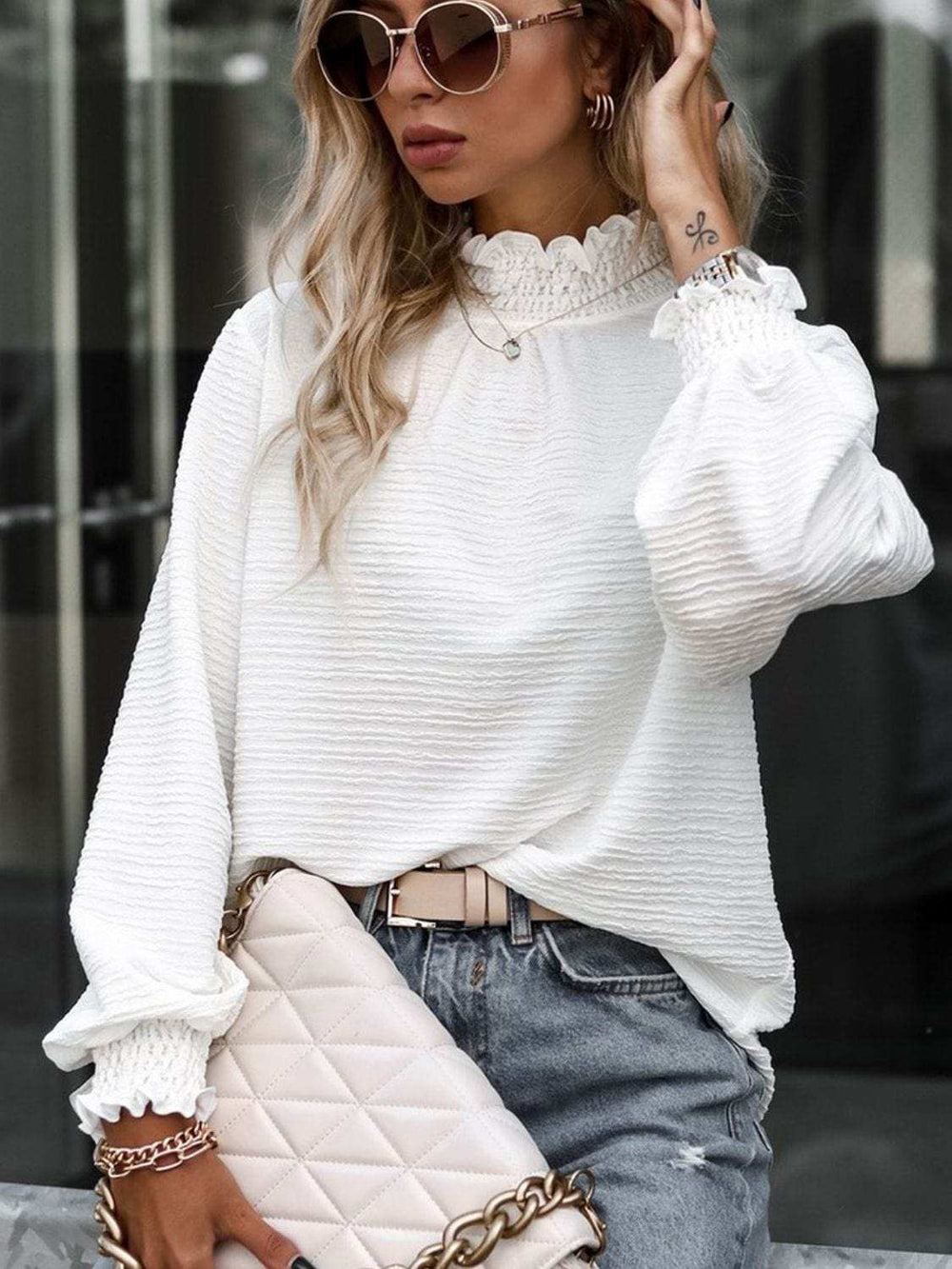 Smocked Frill Mock Neck Long Sleeve Blouse - Trendsi - Flyclothing LLC
