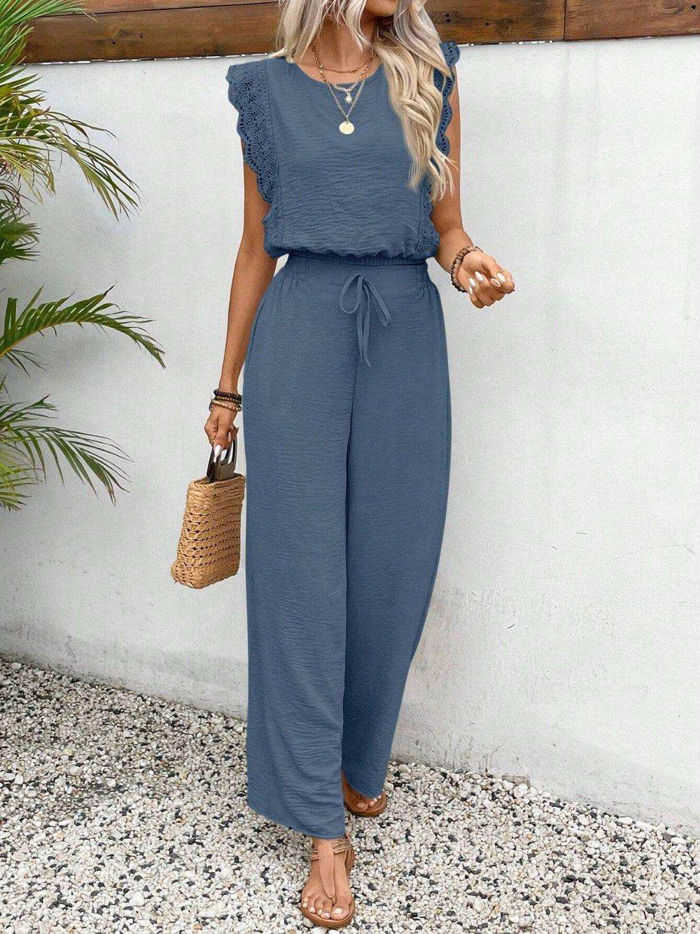 Lace Trim Round Neck Top and Pants Set - Trendsi - Flyclothing LLC