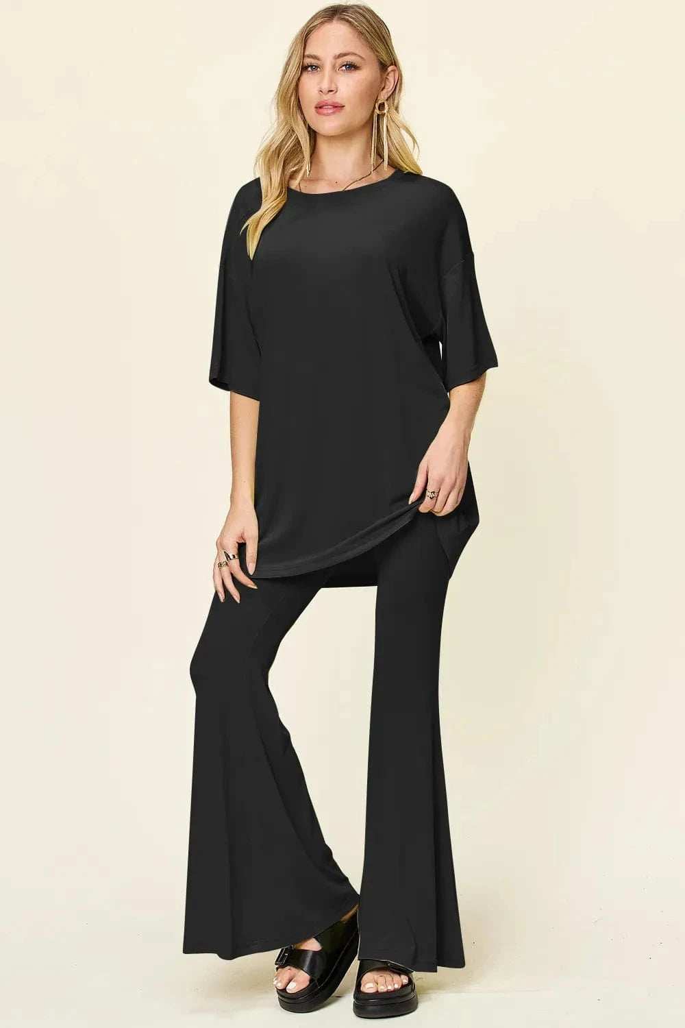 Double Take Full Size Round Neck Drop Shoulder T-Shirt and Flare Pants Set - Trendsi - Flyclothing LLC