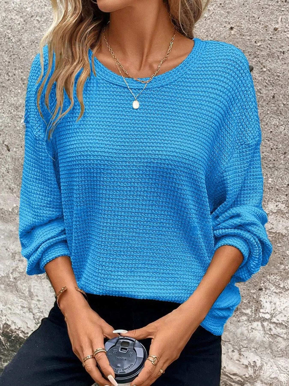 Plus Size Relaxed Fit Waffle Knit Round Neck T-Shirt - Trendsi - Flyclothing LLC