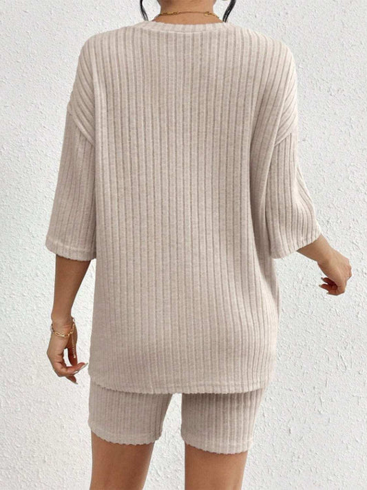 Ribbed Round Neck Top and Shorts Set - Trendsi - Flyclothing LLC
