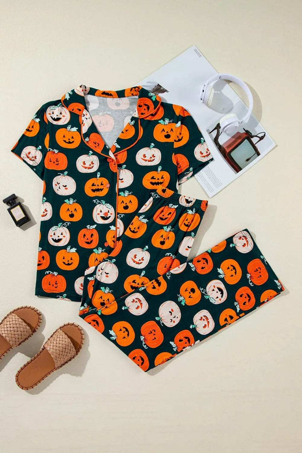Pumpkin Printed Short Sleeve Top and Pants Lounge Set - Trendsi - Flyclothing LLC
