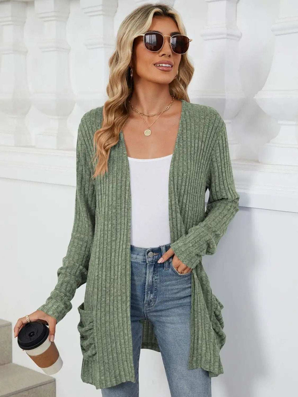 Pocketed Open Front Long Sleeve Cardigan - Trendsi - Flyclothing LLC