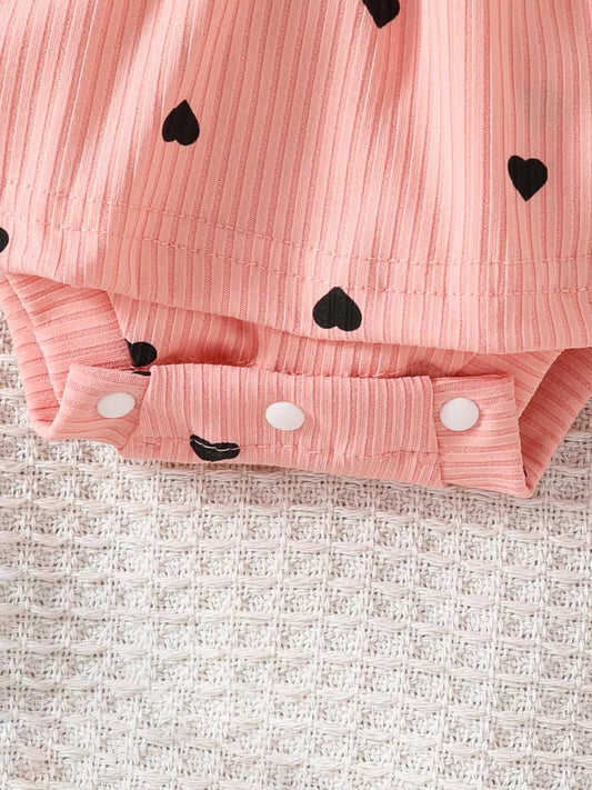 Children's Heart Print Ruffle Trim Bodysuit Dress with Headband - Trendsi - Flyclothing LLC