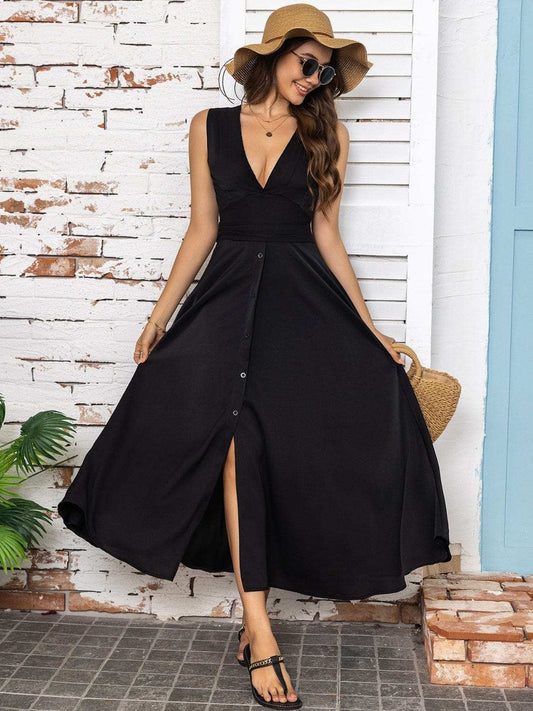 Full Size Slit V-Neck Sleeveless Midi Dress - Trendsi - Flyclothing LLC