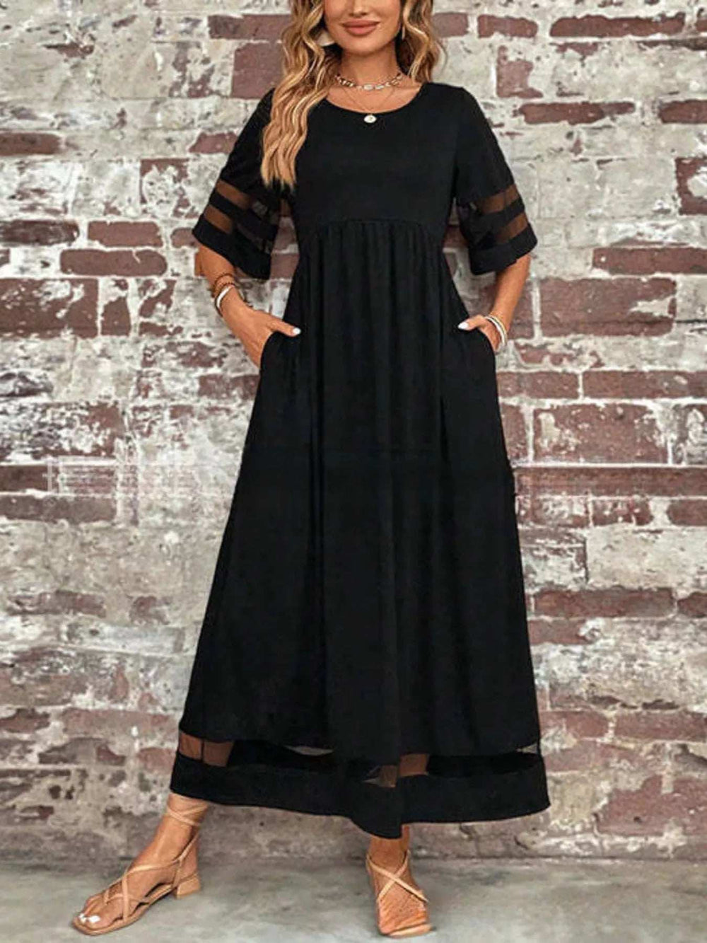 Full Size Round Neck Half Sleeve Dress Plus Size - Trendsi - Flyclothing LLC