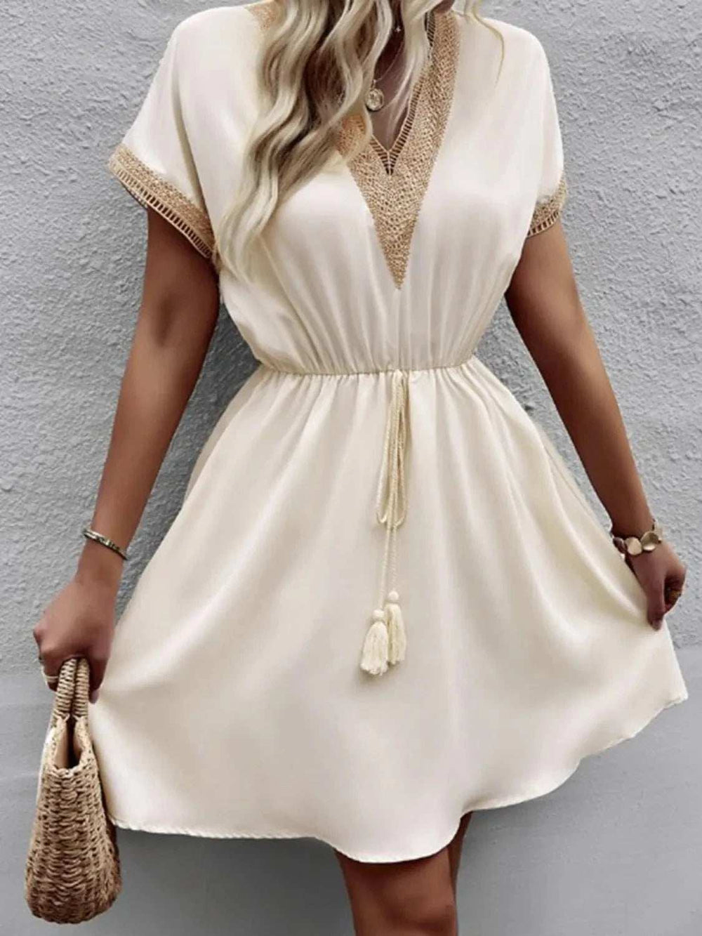 Full Size Tassel V-Neck Short Sleeve Dress Plus Size - Trendsi - Flyclothing LLC