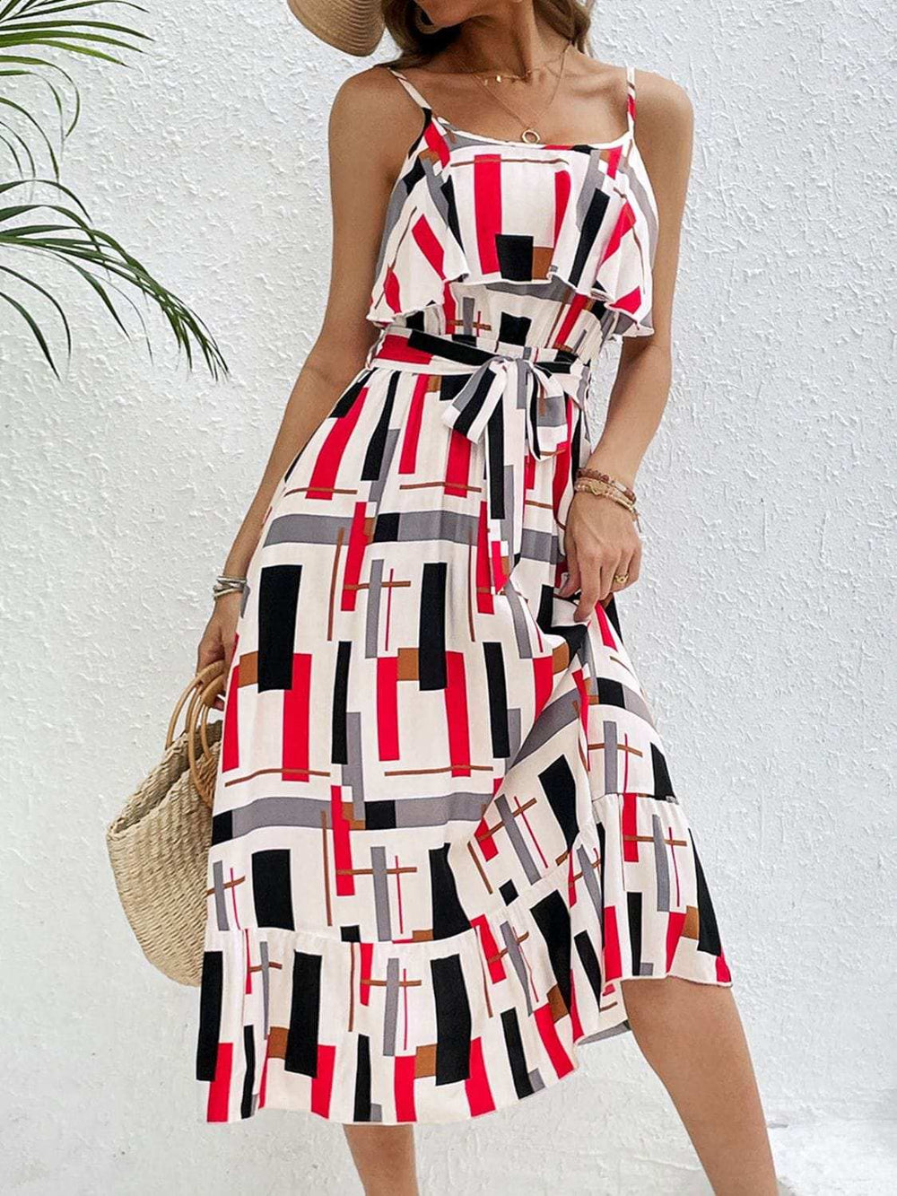 Ruffled Printed Tie Waist Midi Dress - Trendsi - Flyclothing LLC