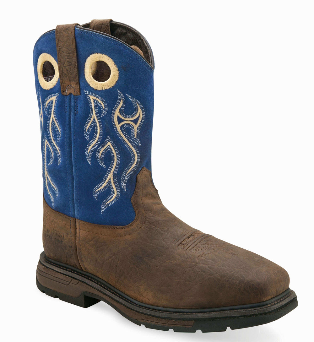 Old West Dark Brown Bull Hide Print Foot Suede Navy Shaft Men's Work Boots - Old West - Flyclothing LLC