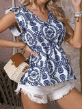 Ruffled Printed V-Neck Cap Sleeve Blouse - Trendsi - Flyclothing LLC