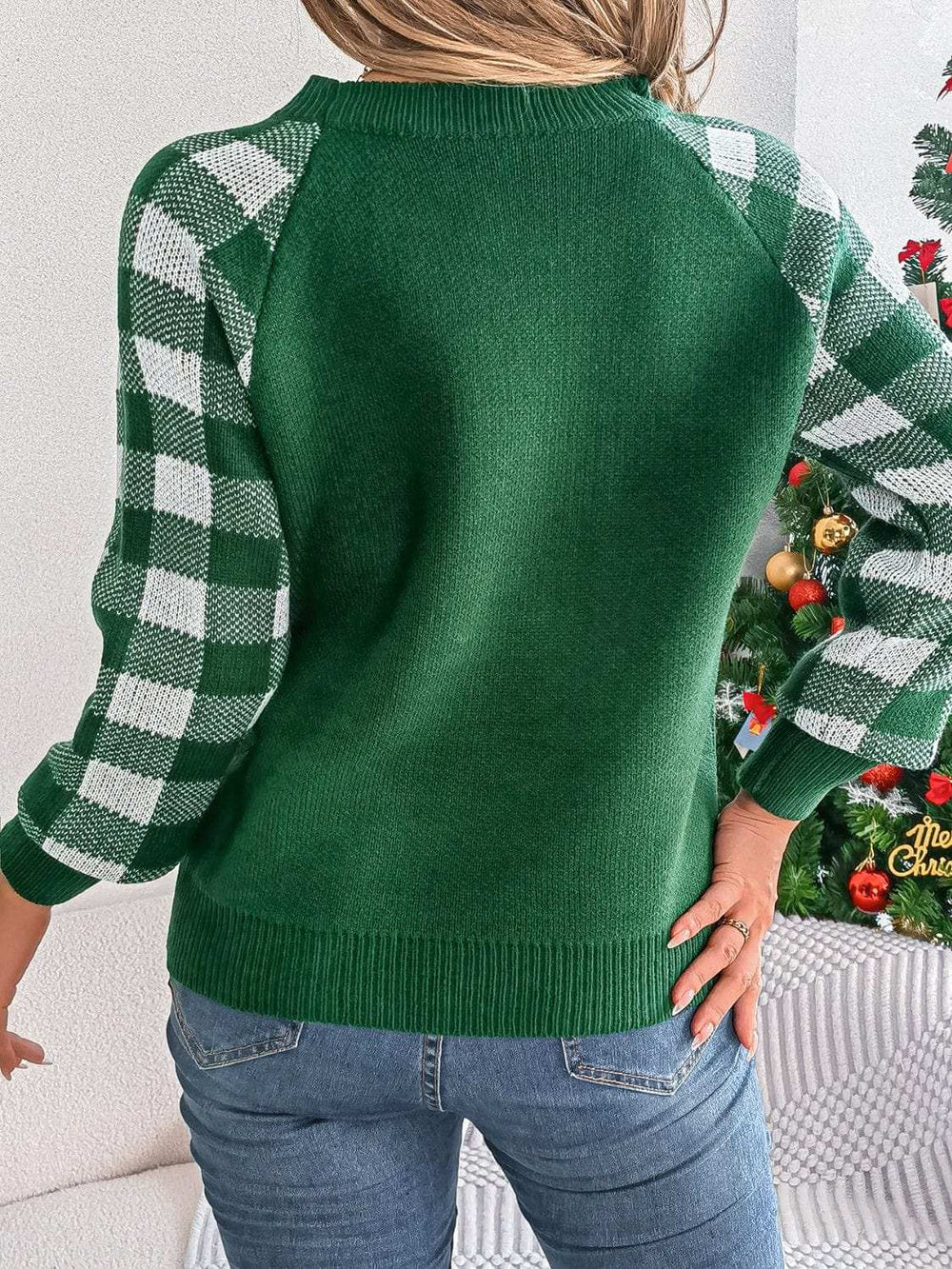 Reindeer Plaid Round Neck Long Sleeve Sweater - Trendsi - Flyclothing LLC