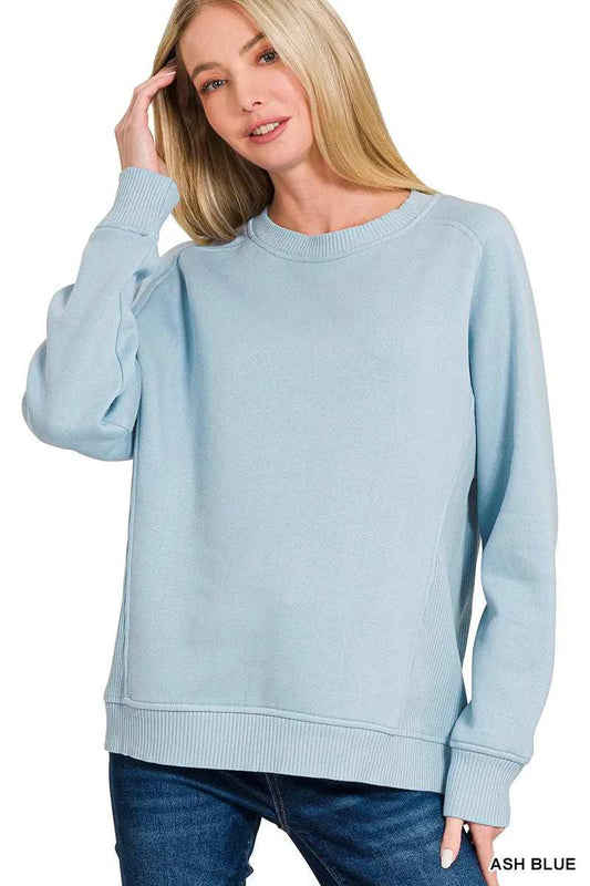 Zenana Fleece Round Neck Ribbed Side Raglan Sweatshirt - Trendsi - Flyclothing LLC