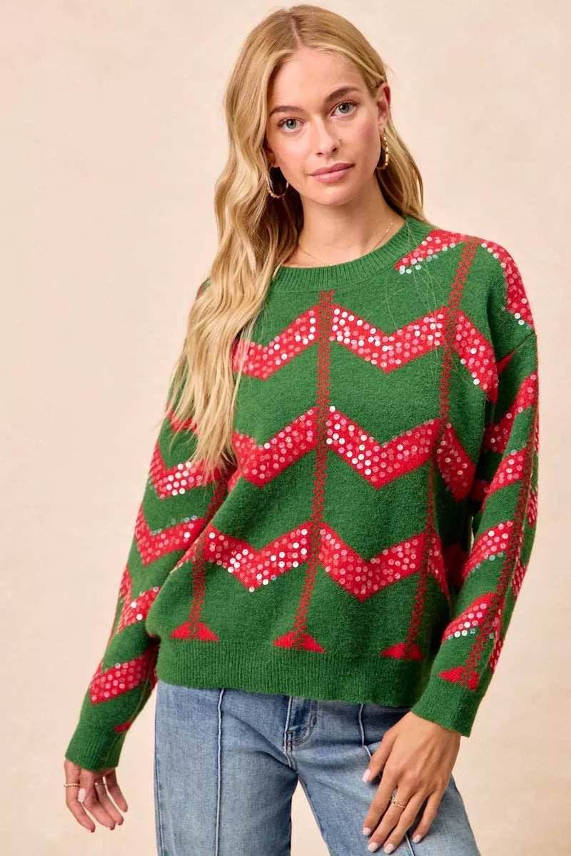 BiBi Christmas Theme Chevron Sequins Detail Sweater - Trendsi - Flyclothing LLC